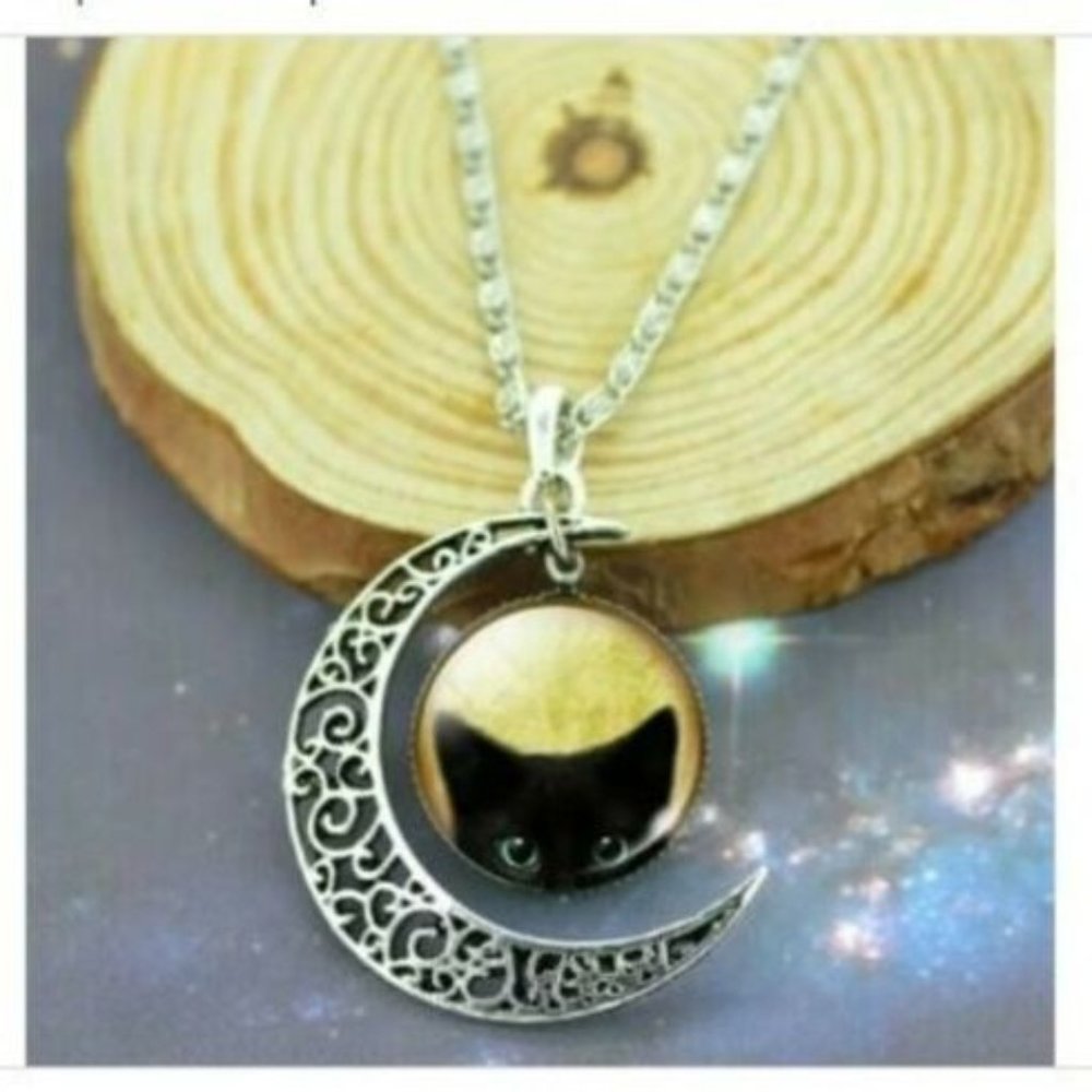 Peek a boo kitty with crescent charm necklace